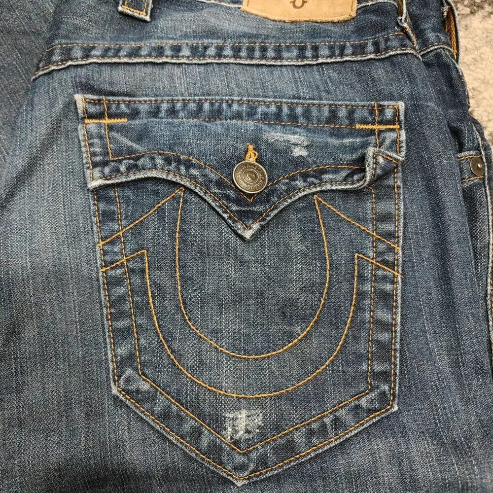 True Religion Ricky Relaxed Straight Jeans Men's 38 Flap Pocket Distressed Blue
